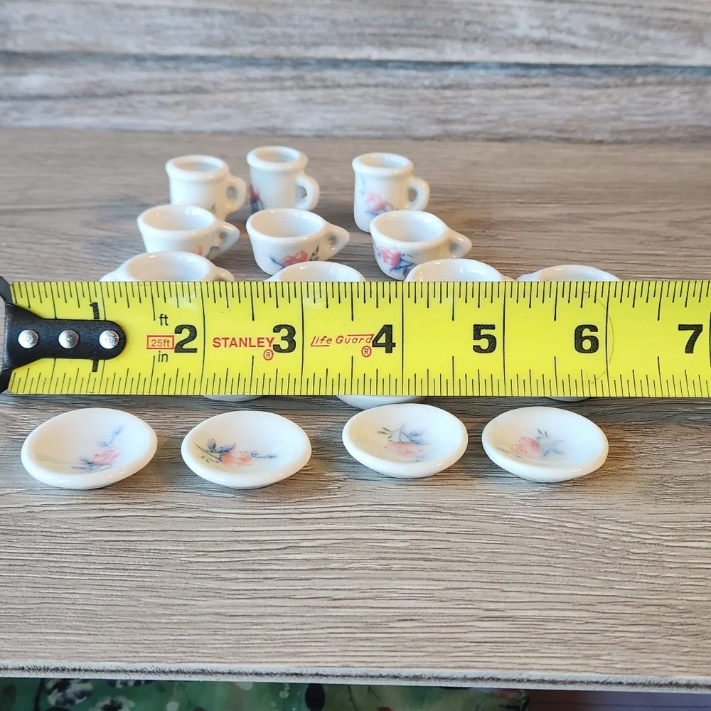 Vintage Porcelain Tea Set 17 Pieces And 1 Bonus Piece Blue Pink Miniatures
